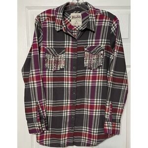 Mudd Women's Sequined Pockets 100% Cotton Plaid Long Sleeve Shirt Size Large